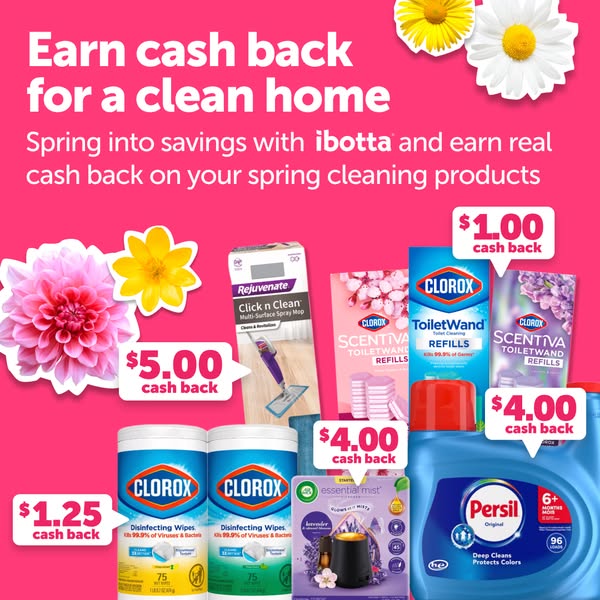 This image ad promotes Ibotta, and advertises cash back savings on the purchase of several cleaning products including R