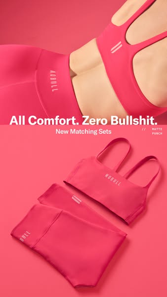 This ad showcases matching activewear sets from NOBULL. The ad features the brand's sports bra and leggings in the c
