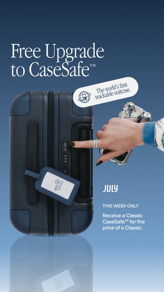 This ad features a navy colored suitcase. It promotes a limited time offer for a free upgrade to CaseSafe™.