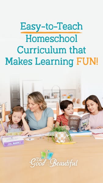 The image ad presents a family around a table, engaged in homeschooling activities using 'The Good and the Beautiful