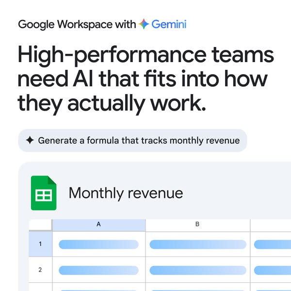 This ad showcases the benefits of using Google Workspace with Gemini to help high-performance teams with AI that fits in