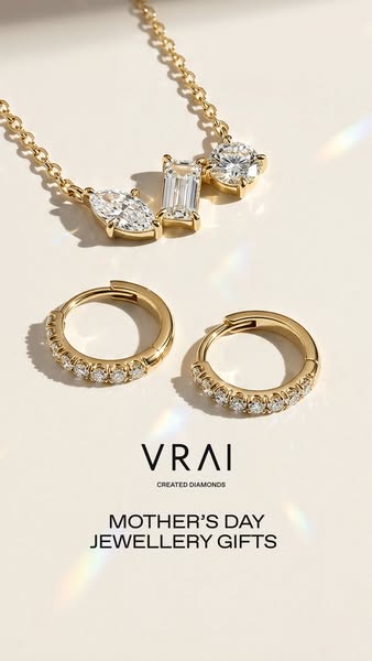 This ad showcases a collection of VRAI diamond jewelry including a necklace and earrings. The ad is targeting Mother'