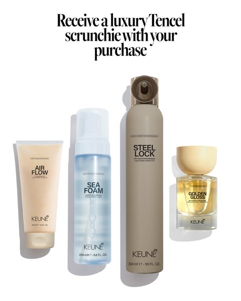 This ad features four Keune hair products against a bright white background, promoting a free scrunchie with purchase. T