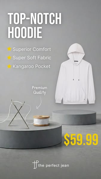 This ad showcases a white hoodie from The Perfect Jean, highlighting its comfort, soft fabric, and kangaroo pocket while