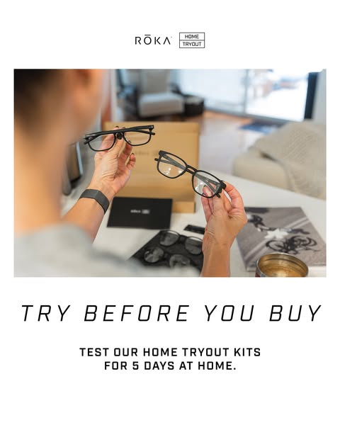 A ROKA ad shows a person holding two pairs of glasses in their hands to show the brand offers a home tryout kit for five