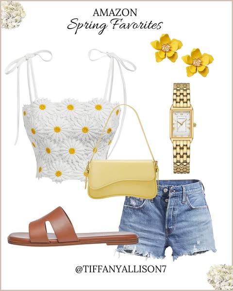 The ad showcases a flat lay of spring-themed fashion accessories from Amazon, curated by @tiffanyallison7.