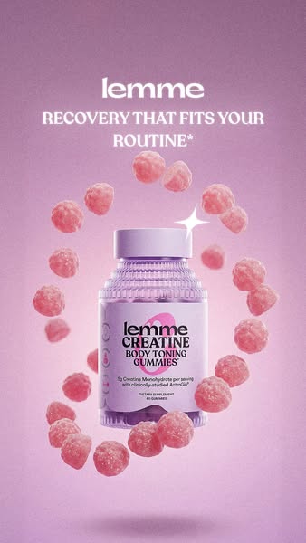 This image ad promotes Lemme Creatine Body Toning Gummies. The ad features a container of the gummies surrounded by floa
