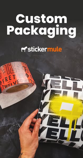 This ad by Sticker Mule showcases their custom packaging options, including branded tape and mailer bags. The ad aims to