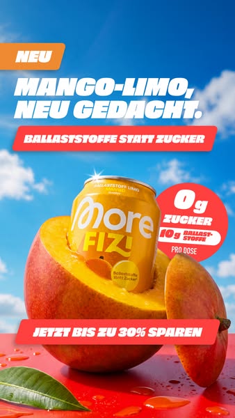 An ad for More FIZ! mango-flavored sparkling water, which is new, low in sugar, and available at a discount.