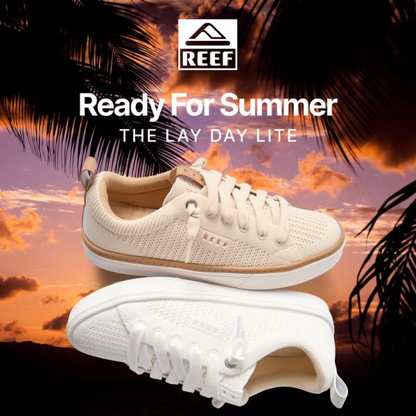 This ad showcases two styles of Reef sneakers against a backdrop of palm trees and a sunset, emphasizing their suitabili