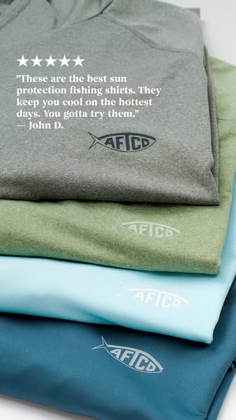 An image ad featuring a testimonial for AFICD sun protection fishing shirts.