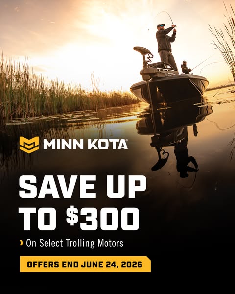This image ad for Minn Kota promotes a limited-time offer to save up to $300 on select trolling motors. The ad features 