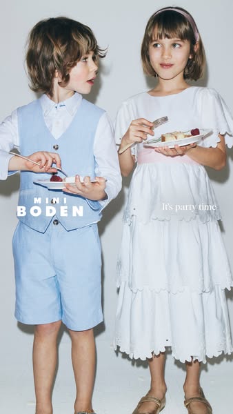 An image ad showcasing children's formal wear for a party. A boy and a girl are dressed in formal attire and holding