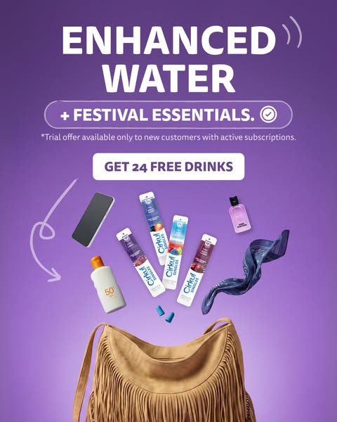 This ad for Cirkul enhanced water features a variety of flavors and implies that it is an essential for festivals. The a