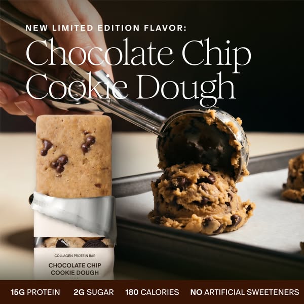 This image ad features a collagen protein bar in a new limited edition chocolate chip cookie dough flavor. It showcases 