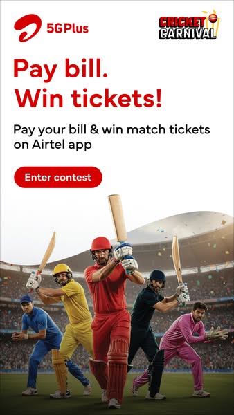 This image ad for Airtel 5G Plus promotes a contest where users can win cricket match tickets by paying their bill on th