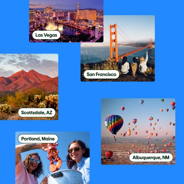 The ad is a photo collage of travel destinations. Each photo has a white label listing the location that is shown.
