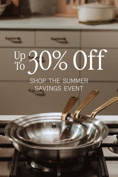 This image ad promotes a summer savings event for cookware, advertising discounts of up to 30% off.