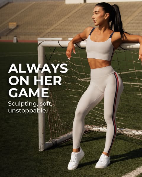 This ad features a woman in athletic wear at a stadium. The ad focuses on the active lifestyle the customer can enjoy wh