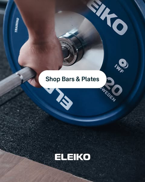 This ad by Eleiko promotes its bars and plates by showing a close-up shot of a person's hand gripping a loaded barbe