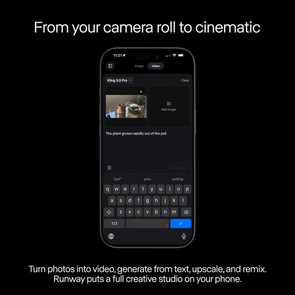 The ad demonstrates the Runway app's capabilities in turning photos into videos and generating content from text, em