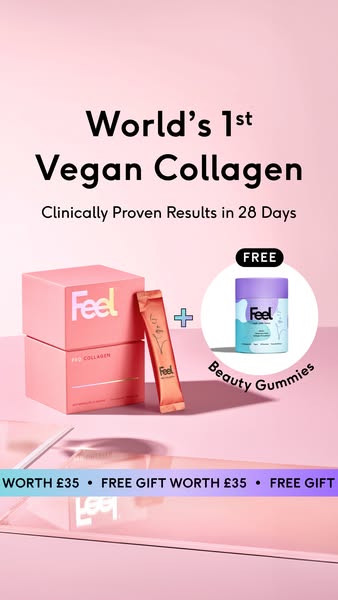 This ad showcases Feel's vegan collagen supplement and highlights its benefits. It includes a free gift offer of bea