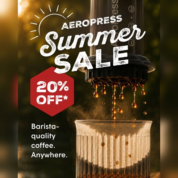 This ad showcases the Aeropress coffee maker in action, highlighting its ease of use and barista-quality results, while 