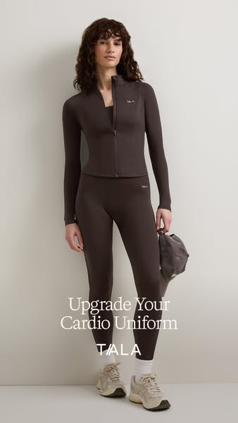 This image ad features a model in a matching athletic jacket, leggings, and sneakers, while promoting the brand TALA.