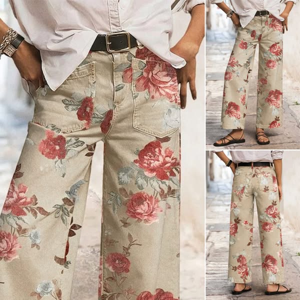This image ad features a woman modeling printed pants. The ad contains three images of the pants from different angles. 