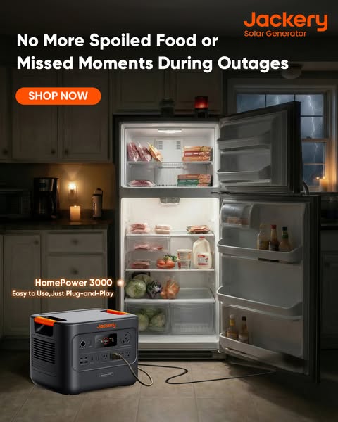 The image is an advertisement for Jackery Solar Generators. The ad highlights the benefit of using the product during a 