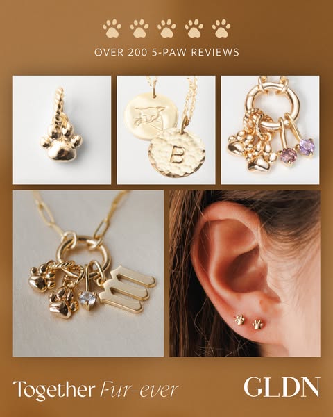 Ad showcases a collection of gold-toned necklaces and earrings featuring paw print and initial designs from GLDN, emphas