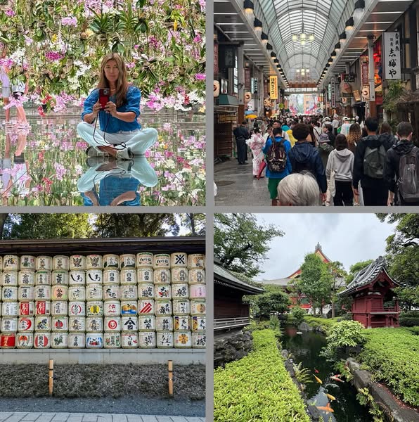 This image ad shows a grid of four photos taken in Japan. The four photos show a woman in a floral display, a crowded ou