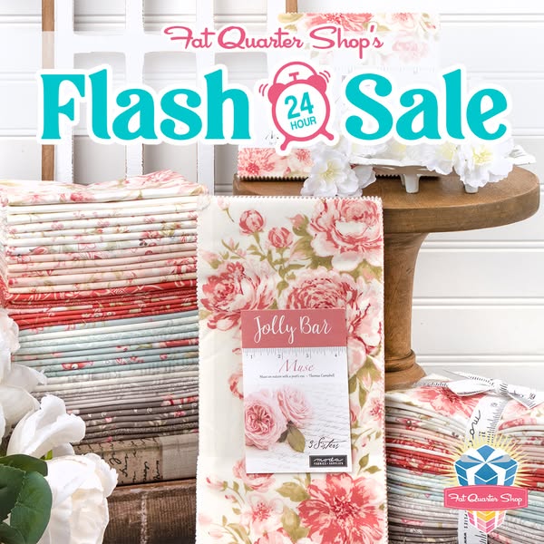 This ad for Fat Quarter Shop promotes a Flash Sale on their Jolly Bar fabric product. The ad is visually bright and chee