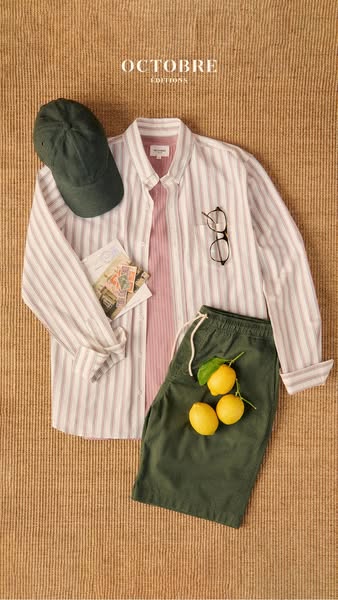 This ad features a flat lay of clothing items and accessories to promote Octobre Editions. The ensemble includes a strip