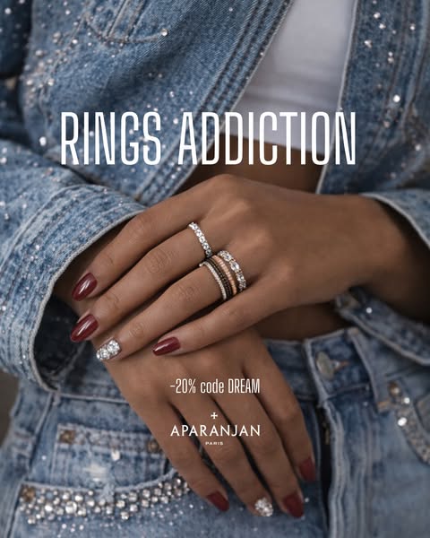 This ad focuses on the presentation of multiple rings worn on one hand, aiming to highlight the brand and promote ring p