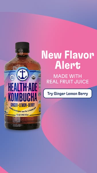 This image ad showcases Health-Ade Kombucha, highlighting its new Ginger Lemon Berry flavor. The ad emphasizes that it&#
