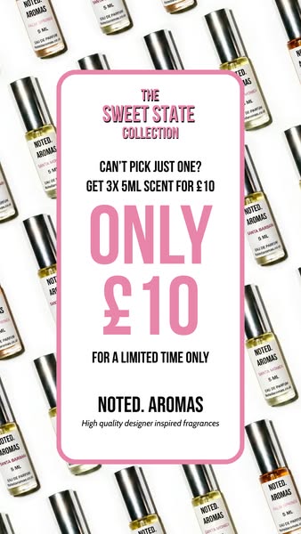 This image ad for Noted. Aromas features multiple perfume bottles on a white background. It highlights a special offer f