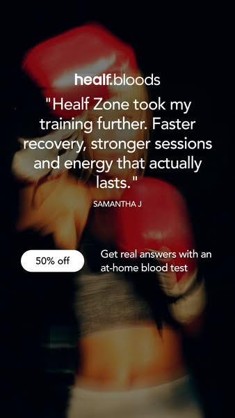 This ad features a blurred image of a boxer in the background, with a testimonial from Samantha J about Healf Zone and t