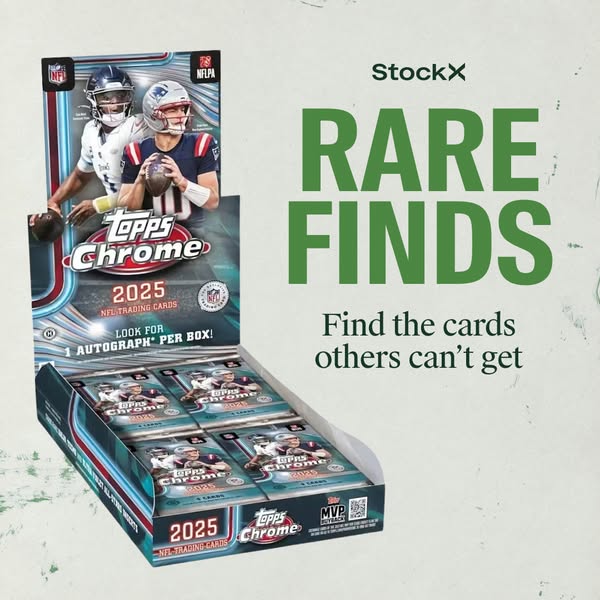This ad is for StockX and showcases the 2025 Topps Chrome NFL Trading Cards as 'Rare Finds'. It highlights the o