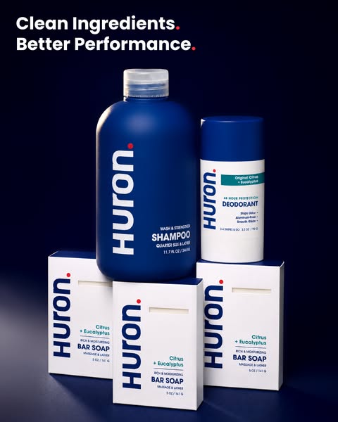 This image ad by Huron promotes their line of men's care products featuring shampoo, deodorant, and bar soap. The ad
