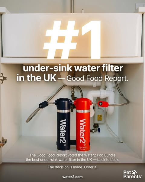 This image ad promotes Water2 under-sink water filter as the number one in the UK, as voted by the Good Food Report.
