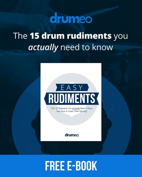 This image ad promotes a free e-book from Drumeo that teaches the 15 drum rudiments you actually need to know.