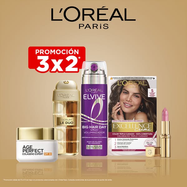 This ad promotes L'Oreal Paris products, including a cream, hair styling spray, serum, hair dye, and lipstick. The a