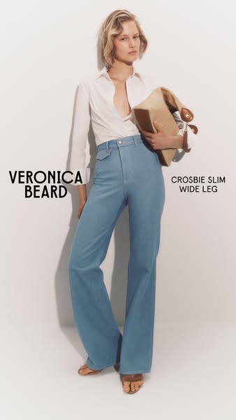 This ad showcases Veronica Beard's 'Crosbie Slim Wide Leg' denim pants. The ad features a model wearing the 