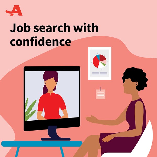 An illustration depicting a woman at a computer interviewing with someone on the screen for a job. The ad communicates t