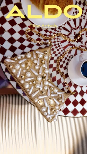 This ad showcases a new handbag from Aldo, emphasizing its unique design and luxurious embellishments through a detailed