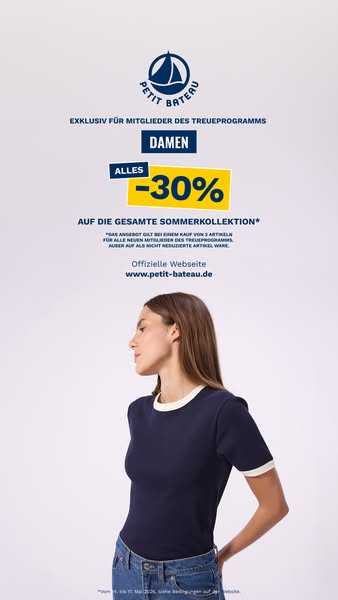 This image ad for Petit Bateau promotes a 30% discount on their entire women's summer collection for loyalty program