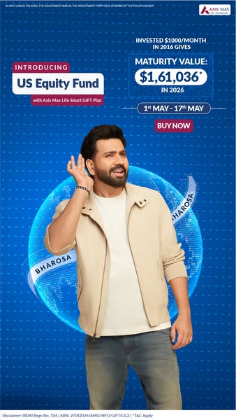 This ad features an Indian celebrity endorsing a US Equity Fund investment opportunity from Axis Max Life. The ad highli