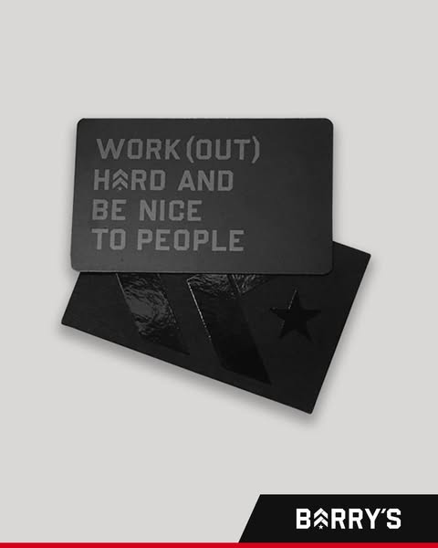 This image ad for Barry's Bootcamp features two black cards stacked on top of each other against a gray background. 