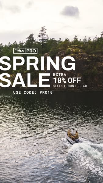 This ad promotes a spring sale for hunting gear with an extra discount. The ad features a top-down shot of a lake landsc